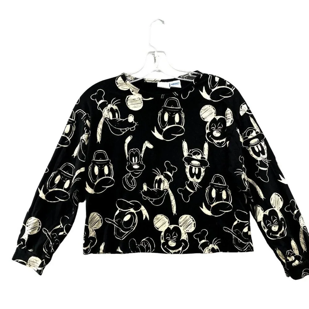 Zara Girls 13-14 Disney Long Sleeve Cropped T Shirt Black Beige Mickey & Friends